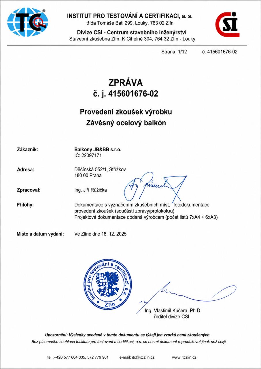 Zkušební protokol, strana 1